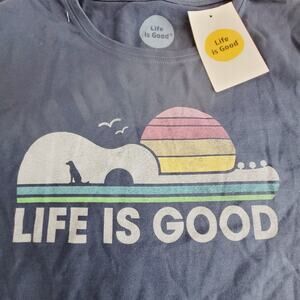Life Is Good Shirt Womens Large Blue Guitar Sunset Dog Beach Crusher New
